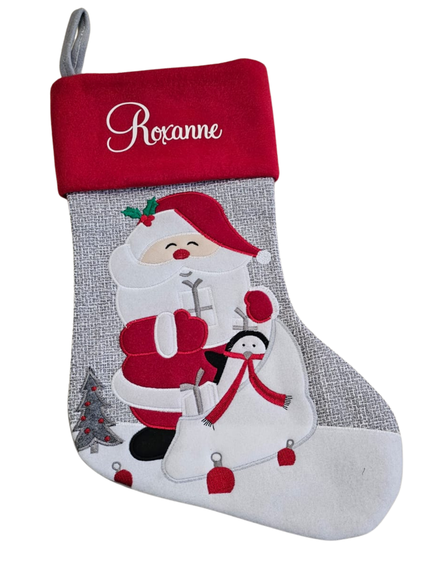Personalised Christmas stocking - Santa and penguin. Cursive font
