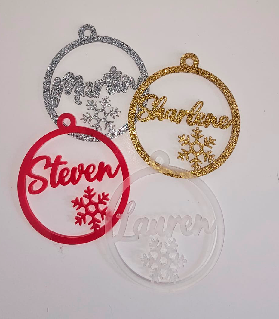 Personalised Christmas bauble disk. Personalised with snowflake