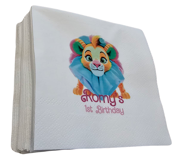 White napkins with a colourful lion character and 'Romy's 1st Birthday'