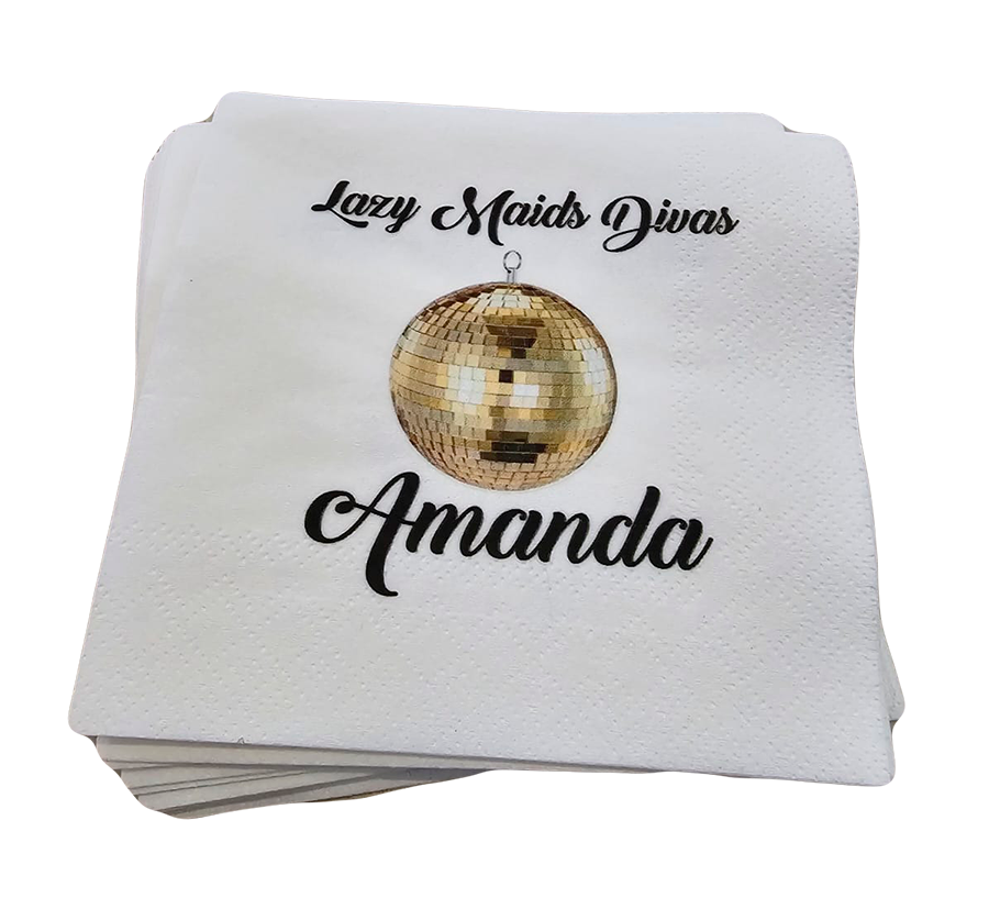 Shiny gold custom print on a cocktail napkin.