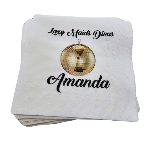 Shiny gold custom print on a cocktail napkin.