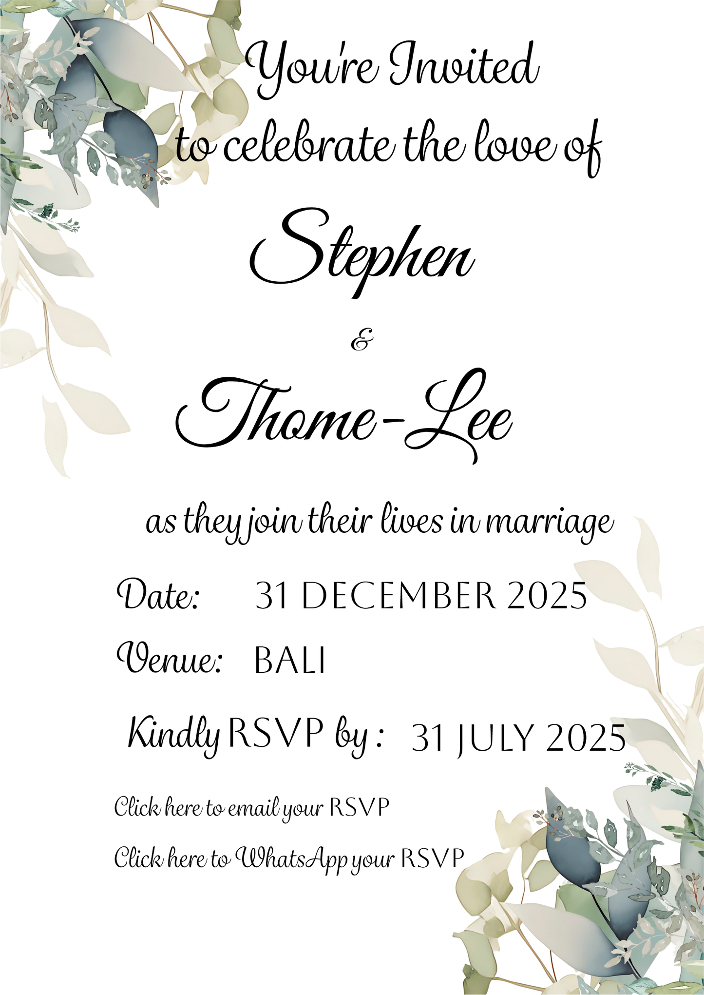 Digital Wedding invitation - Green leaves