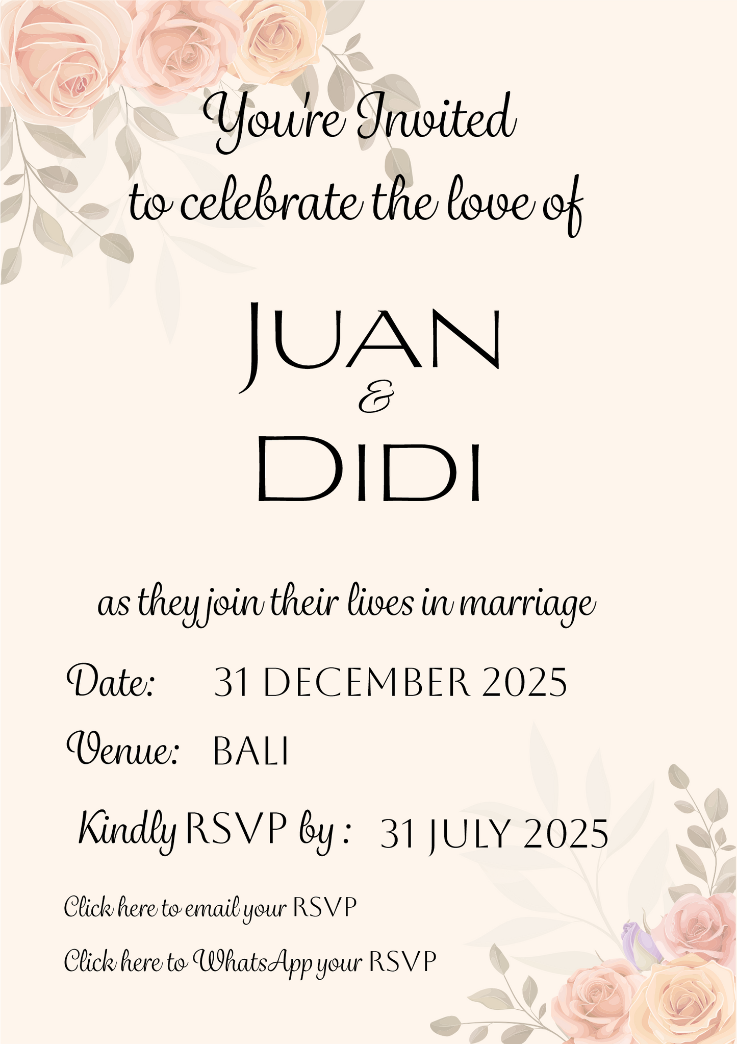 Digital Invitation - Wedding. With clickable links to your email and WhatsApp
