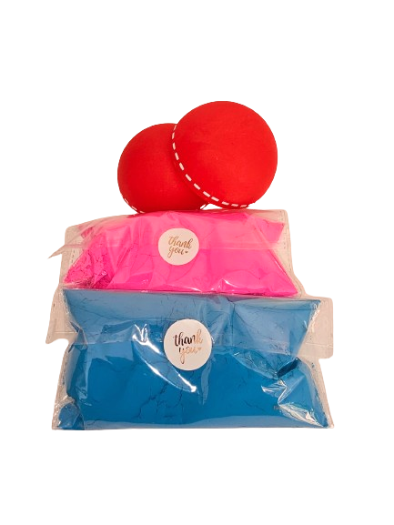 Gender reveal Cricket ball with blue and pink powder. Do it yourself