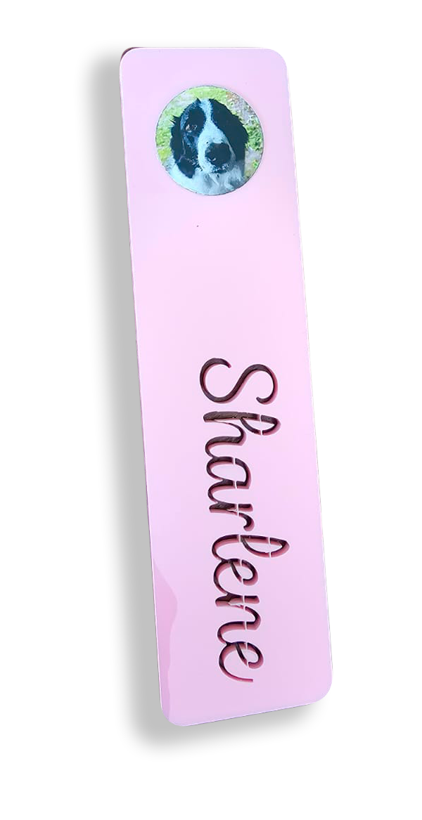 Soft pink acrylic Memory Touch bookmark with hidden message tag embedded
