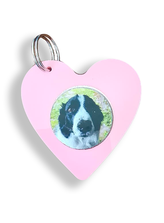 Pink heart-shaped Memory Touch keyring on a keyring loop, shown with a discreet embedded message tag