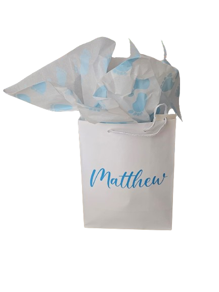 Personalised bag with blue footprint paper
