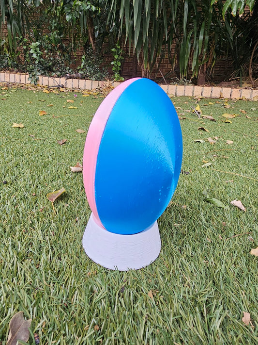 Baby gender reveal rugby ball - pink and blue with rugby ball stand