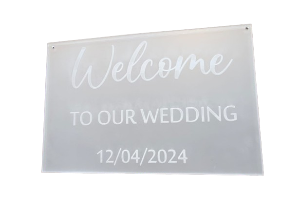 Welcome board. Satin acrylic with white engraved words