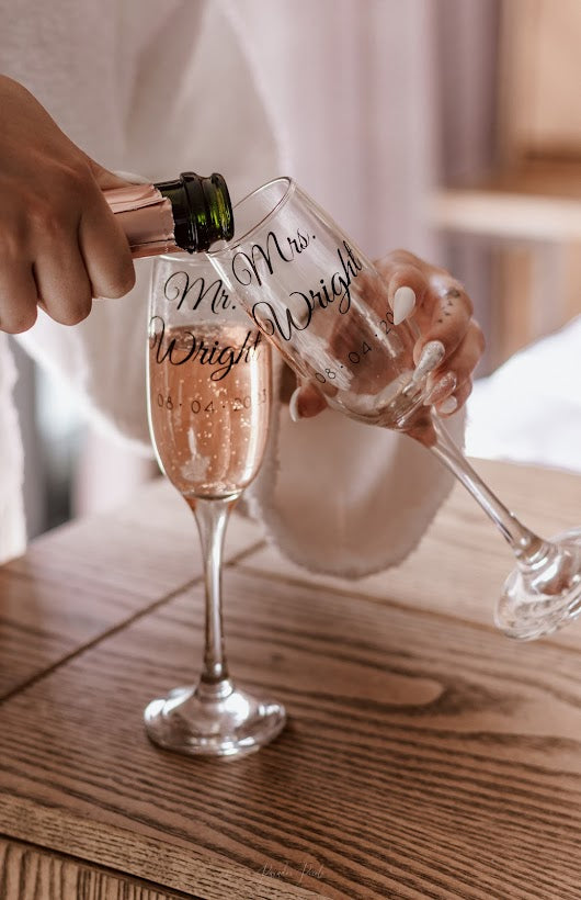 Personalised wedding champagne glasses Mr & Mrs