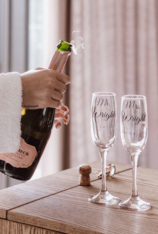 Personalised wedding champagne glasses Mr & Mrs