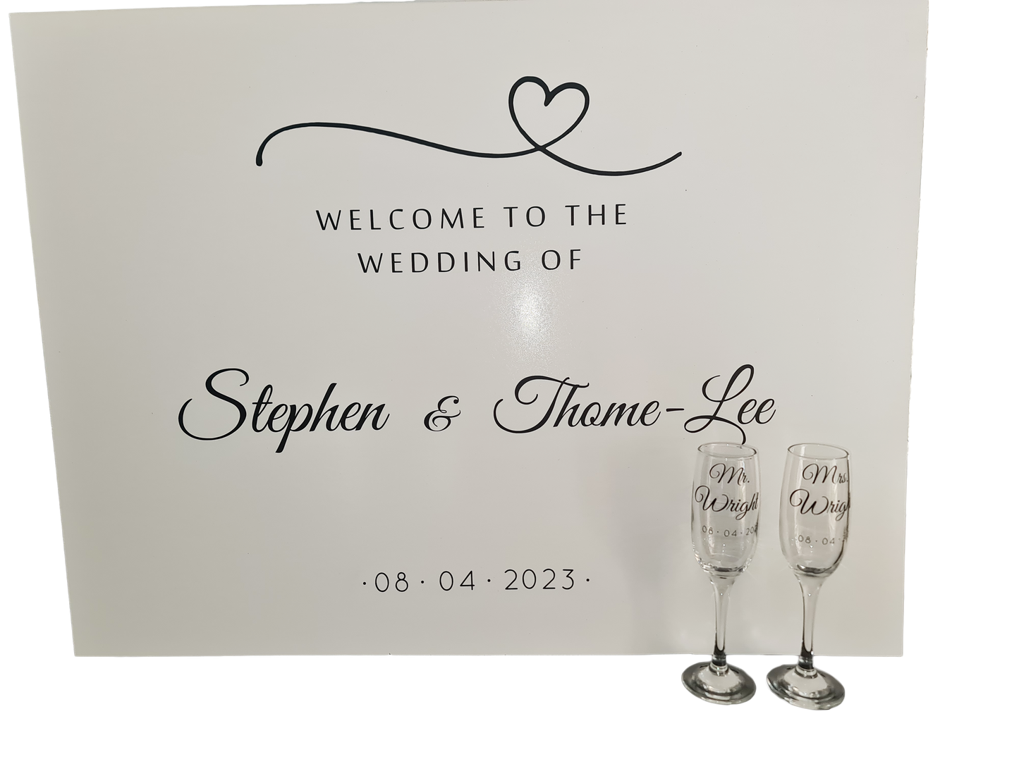 Personalised wedding welcome board and personalised glasses