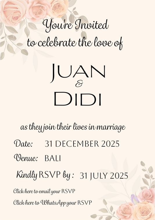 Digital Invitation - Wedding. With clickable links to your email and WhatsApp
