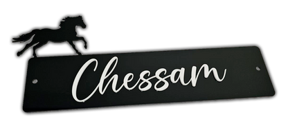 Personalised horse name plate - white on black. Close-up view