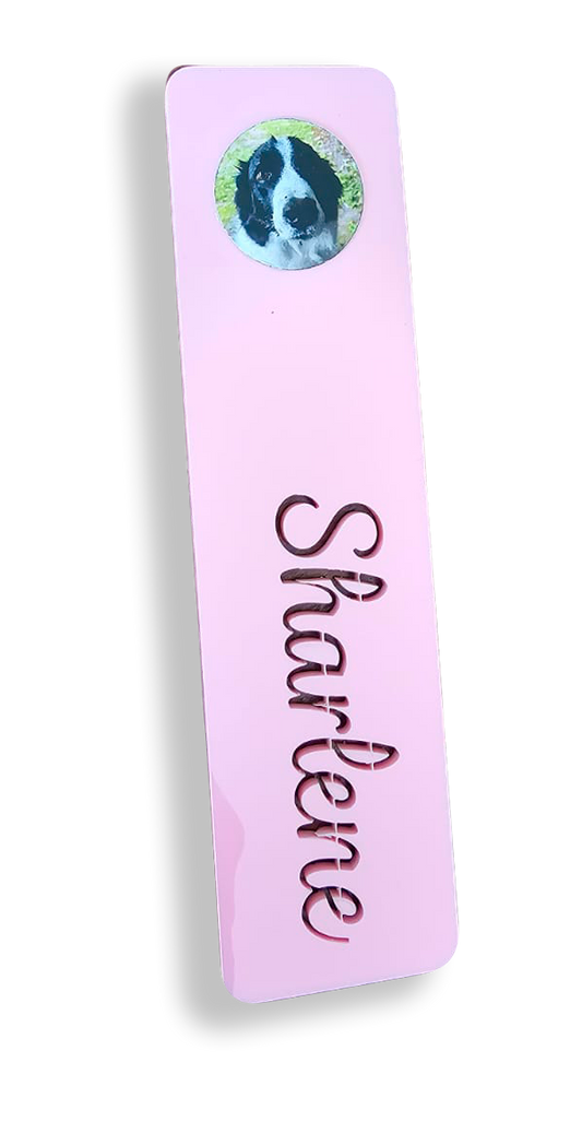 Soft pink acrylic Memory Touch bookmark with hidden message tag embedded