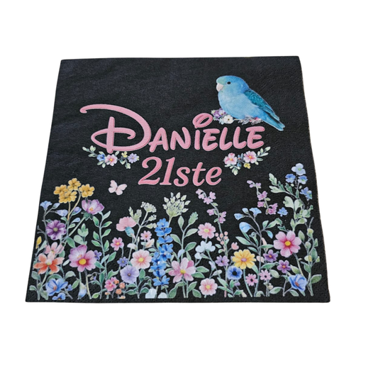 Personalised black serviette. Printed in full colour, full coverage