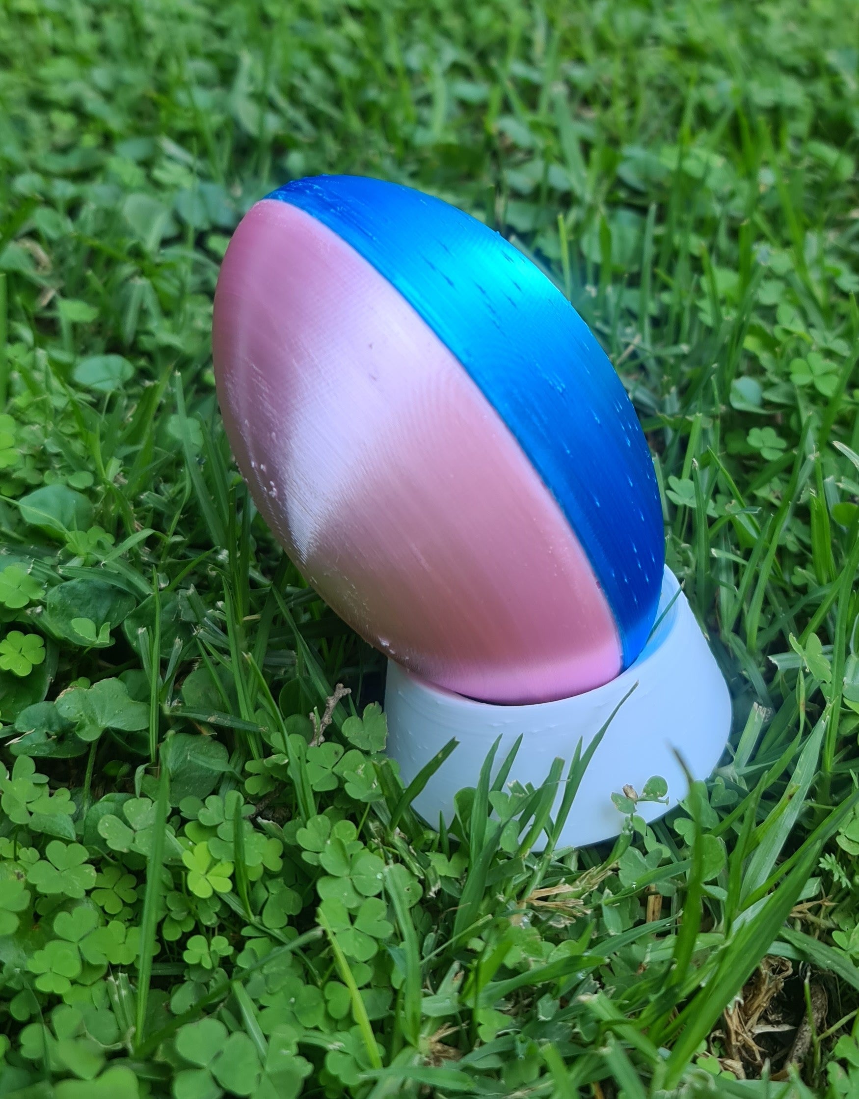 Gender reveal rugby ball. Pink and blue outside.  