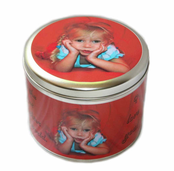 Personalised photo tin - cookie tin. 15cm wide x 18cm high